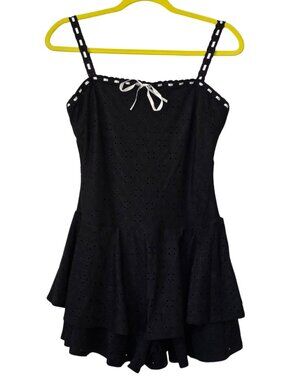 Heart & Heels Black Romper w. Eyelet Fabric & Tiered Ruffled Skirt Shorts Size L